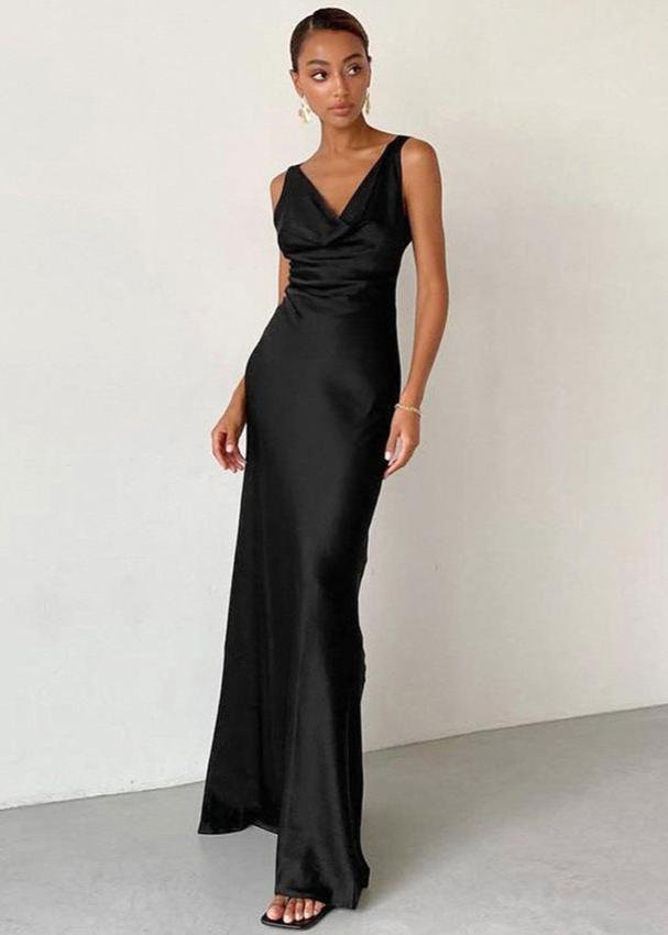 Satin Elegance - Deep V Maxi Dress