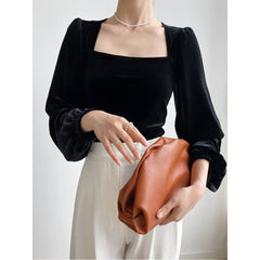 Black Pleuche Square Collar Small Shirt Women Autumn Young Puff Sleeve Shirt off-Shoulder Top