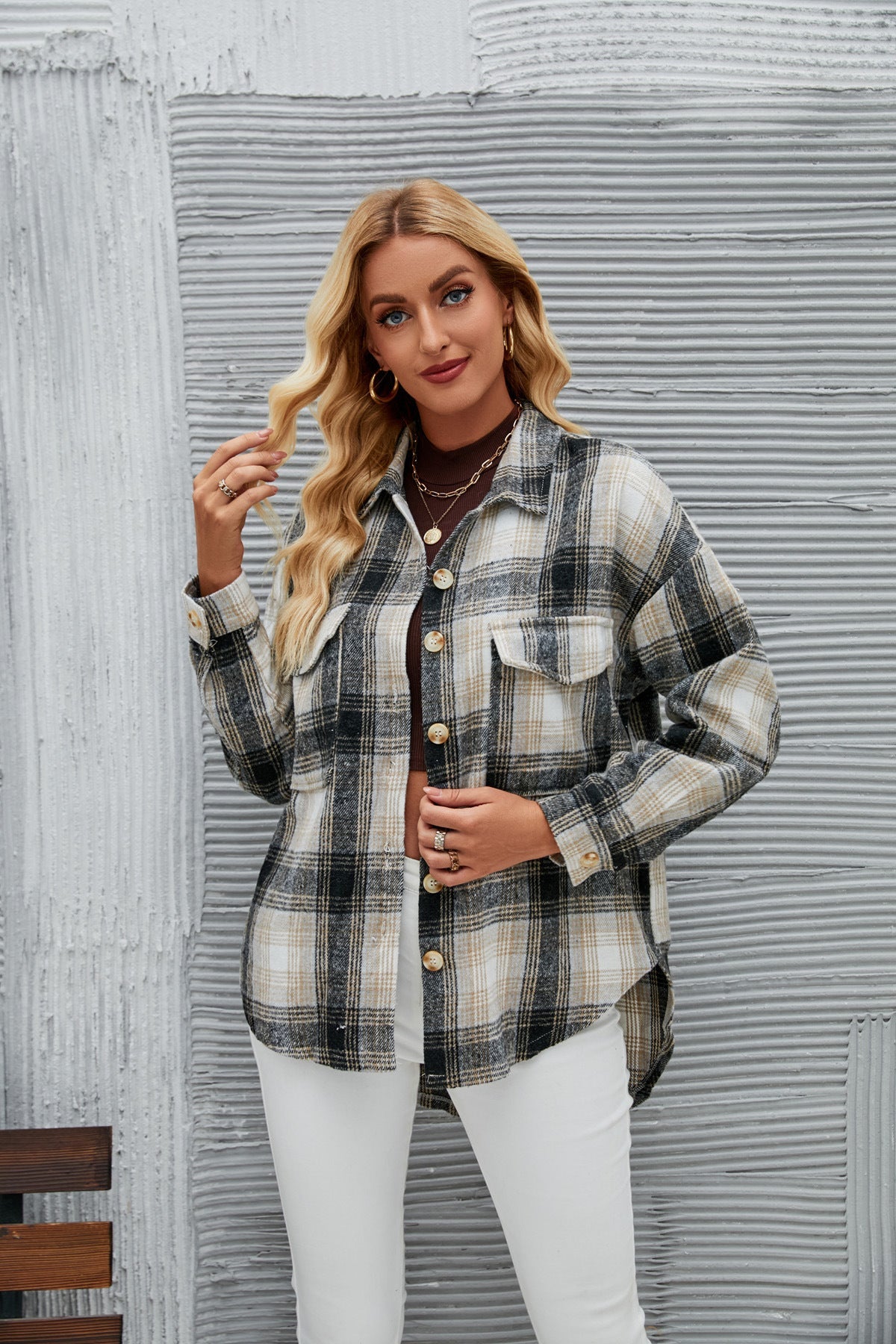 Women Autumn Winter Long Sleeve Loose Plaid Shirt Woolen Coat for Women