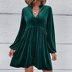 Women Clothing Autumn Winter Waist Large Dress Puff Sleeve Era Long Sleeve Velvet Dress