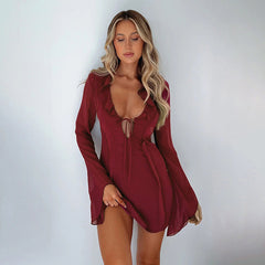 Autumn Hip Sexy Slim Fit Ruffled Long Sleeve Tied Dress for Women