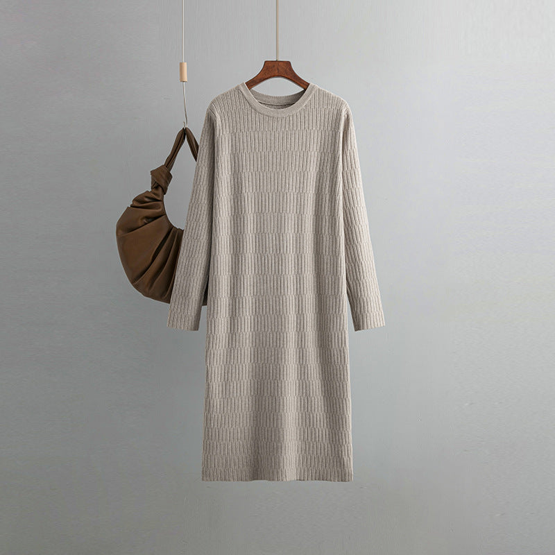 Women Long Sleeved Knitted Dress Autumn Winter Round Neck Loose Mid Length Sweater Match with Coat Bottoming