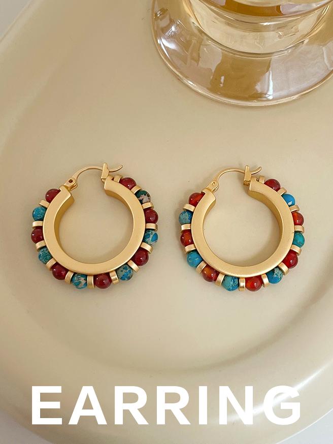 Colored Natural Stone Beaded Round Earrings