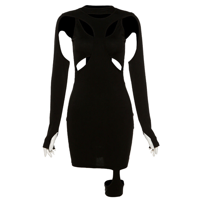 Summer New Women round Neck Long Sleeve Sexy Hollow Out Cutout Slim-Fit Sheath Design Dress for Women