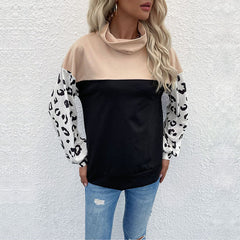 Autumn Winter Casual Top Leopard Print Color Matching Turtleneck Bottoming  Women Sweater