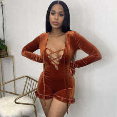 Women Clothing Autumn Winter Suede Solid Color Sexy Deep V Plunge neck Lace up Lotus Leaf Swing Jumpsuit Shorts