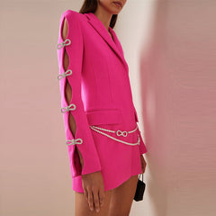 Dyed Fabric Dignified Sense of Design Sleeve Hollow Out Cutout Jeweled Bow Pearl Blazer Dress