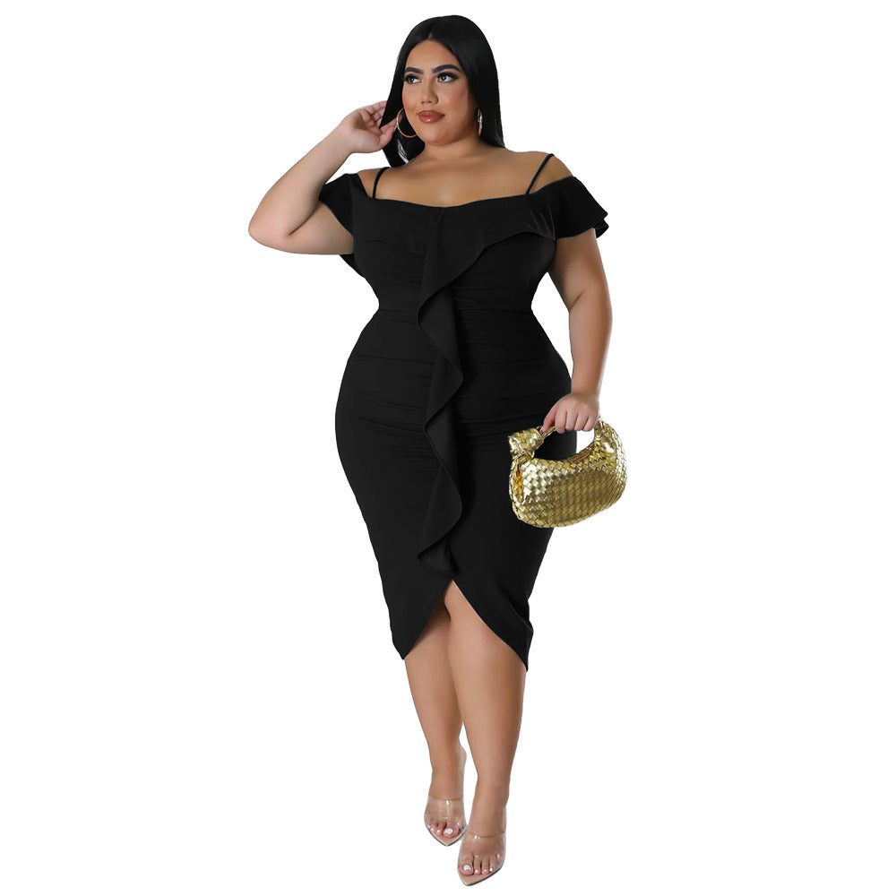 Plus Size Women Sweet Solid Color Dress off Neck Midi Dress