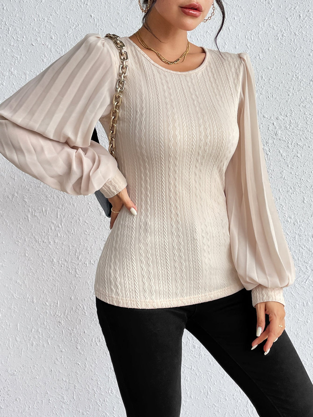 Autumn All Match round Neck Slim Lantern Sleeve Solid Color Top for Women