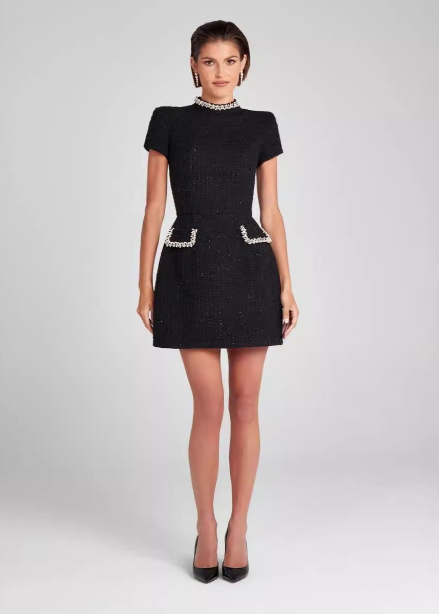 Crystal-Trim Tweed Mini Dress