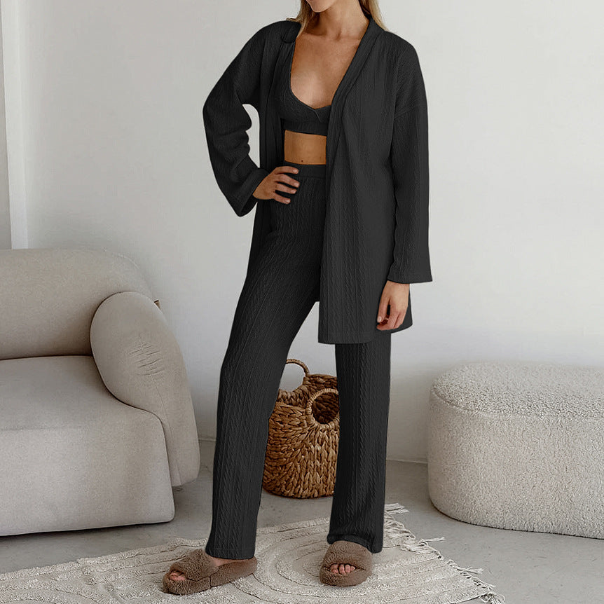 Autumn Sexy Knitted Sling Vest Pajamas Three Piece Set Cardigan Long Sleeve Pants Ladies Homewear