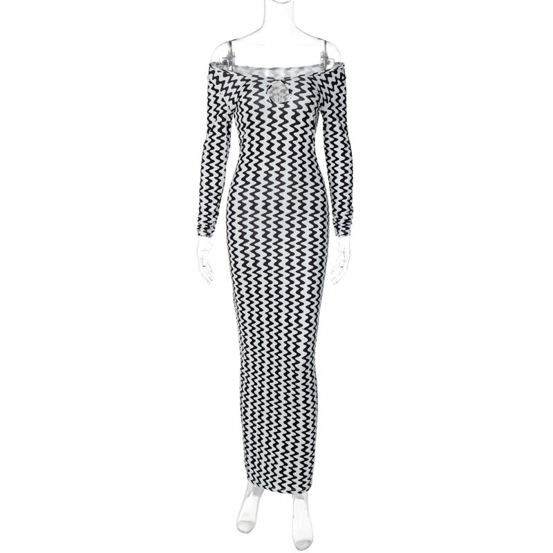 Fall Women Clothing: Off Shoulder Corrugated Printed Elegant Slim Dress