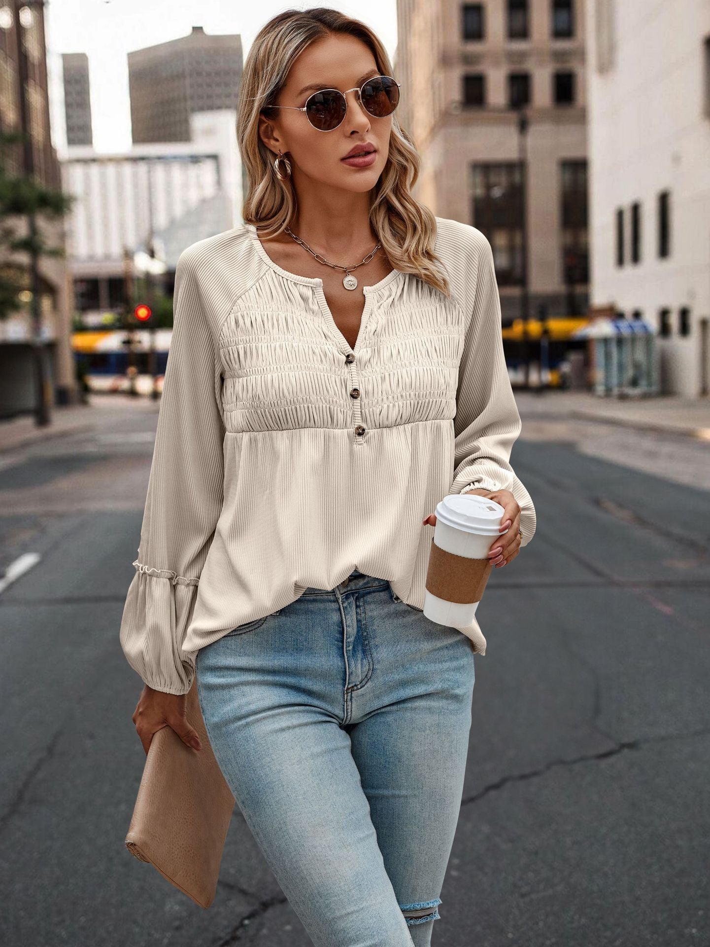 Autumn Solid Color Pleated Long Sleeve Top