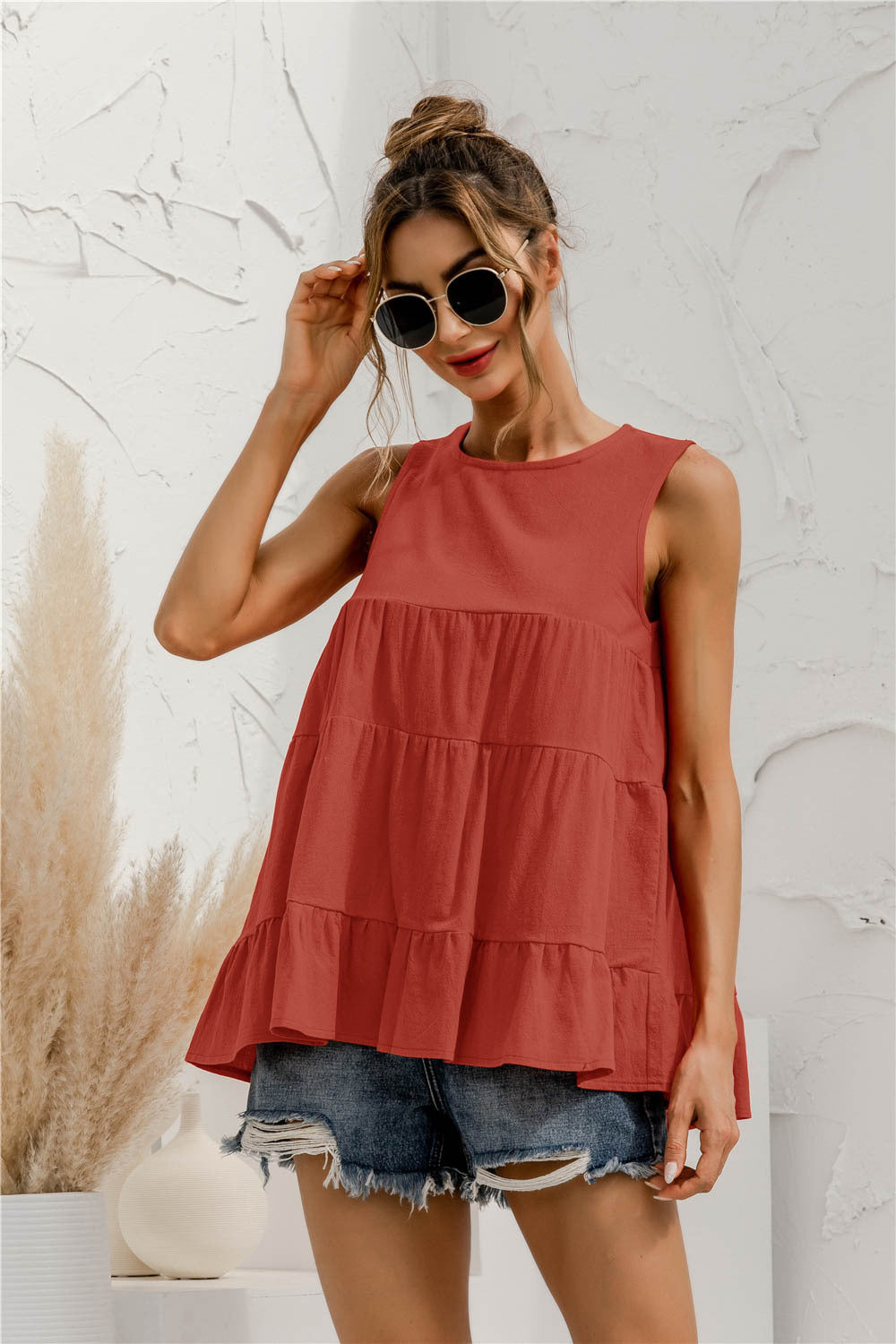 Spring Summer round Neck Sleeveless Multi-Section Stitching Loose Big Hem Vest Top