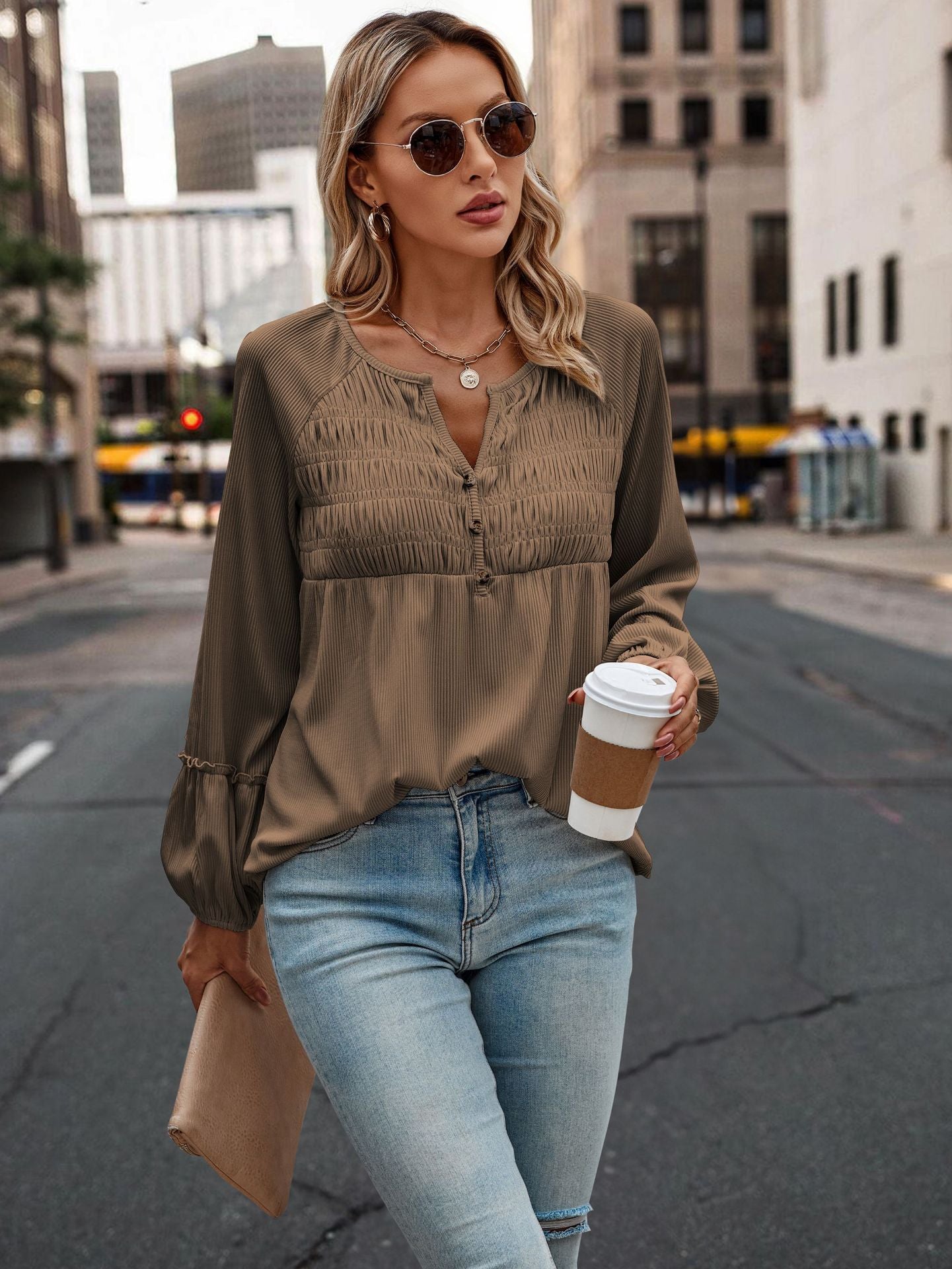 Autumn Solid Color Pleated Long Sleeve Top