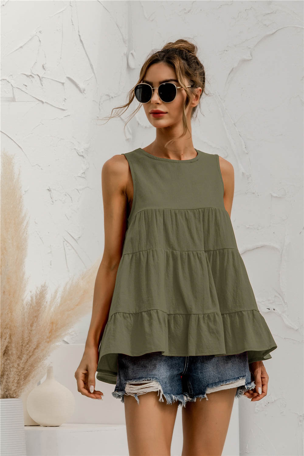 Spring Summer round Neck Sleeveless Multi-Section Stitching Loose Big Hem Vest Top