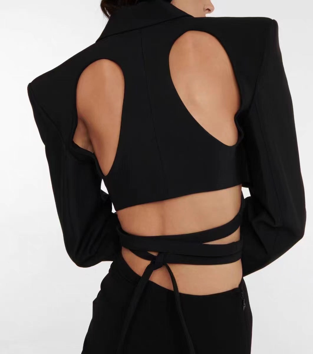 Sexy Hollow Out Cutout Backless Waist Blazer Women Spring Autumn High Grade Modern Premium Black Top