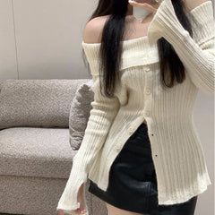 Autumn Off Neck Long Sleeved Sweater Women Solid Color Breasted Off Shoulder Design Simple Elegant White Top