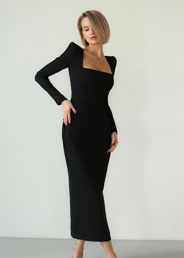 Luxe Long Sleeve Black Midi Dress