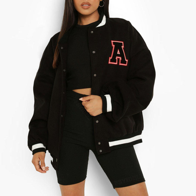 Women’s Autumn Winter Hip Hop Fleece Padded Varsity Jacket