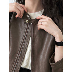 Early Autumn Vintage Zipper O neck Short Leather Coat Women Sweet Cool Faux Leather Motorcycle Clothing Jacket