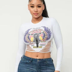 Sexy round Neck Cropped Cut Women Clothing All Match Tight Letter Graphic Long Sleeve Top T shirt