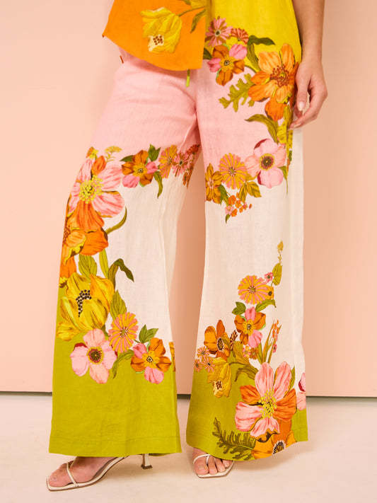 Printed Cotton Linen Two-Piece Suit Outfit Top Wide Leg Pants – Stylish Floral Set