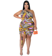 My927 plus Size Women Clothes Pattern Print One-Shoulder Sleeve Sexy Drawstring Bag Hip Dress