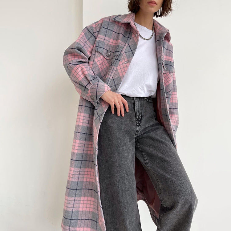 Autumn Winter Women  Clothing Long Sleeve Collared Plaid Coat Casual Woolen Long Cut Coat