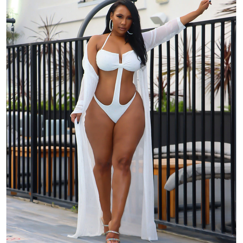 Summer Women Sexy Mesh Perspective Rhinestone Long Sleeve Swimsuit Cloak