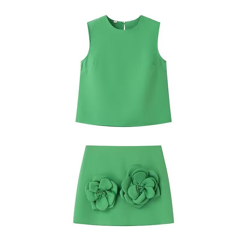 French Slim Sleeveless Top and Skirt Set – Women’s Round Neck Short Outfit