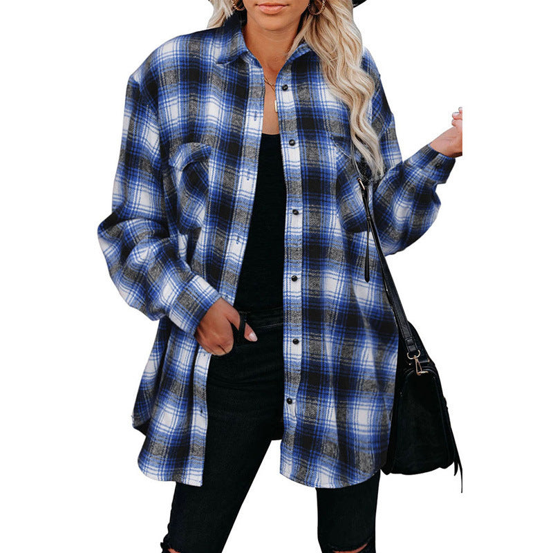 Women Clothing Autumn Winter Plaid Shirt Mid-Length Loose Lapels Cardigan Shirt