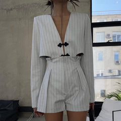 Women Spring Clothing Chinese Niche Design Long Sleeve Deep V Plunge Jacket High Waist Shorts Striped Set