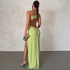 Sloping Shoulder Dress Solid Color Pullover Sexy Backless Evening Dress Long Socialite Split