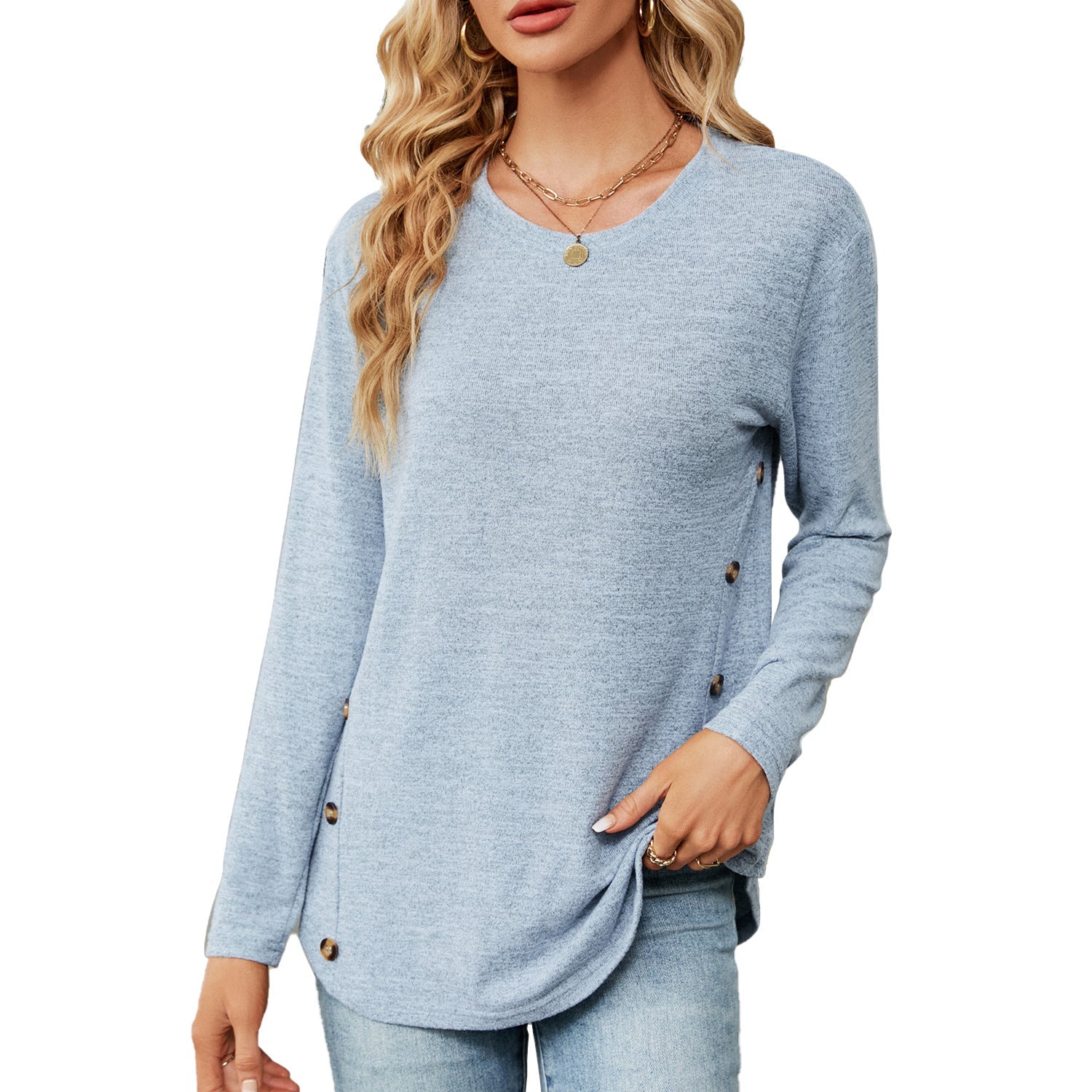 Women Clothing Autumn Winter round Neck Long Sleeve Loose Button T shirt Top Women