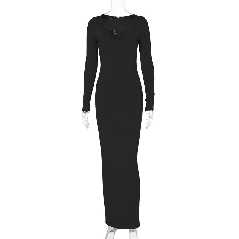 Winter Sexy Cutout Slim Solid Color Long Sleeve Dress for Women