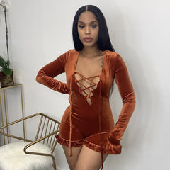 Women Clothing Autumn Winter Suede Solid Color Sexy Deep V Plunge neck Lace up Lotus Leaf Swing Jumpsuit Shorts