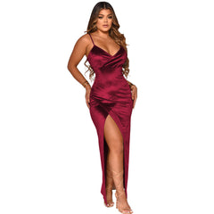 Autumn Women Clothing Sexy Sling Solid Color Velvet Irregular Asymmetric Maxi Dress