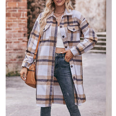 Women Autumn Winter Ladies Casual Flannel Plaid Shirt Long Coat