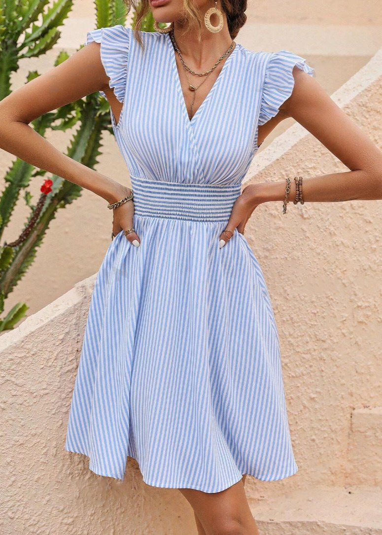 Striped Flutter Sleeve A-Line Dress