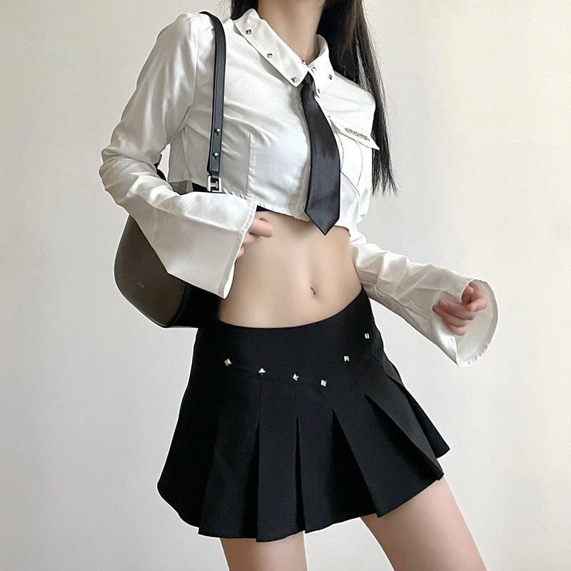 College Embroidered Tie Collared Bell Sleeve Shirt Sexy High Waist Slimming Pleated Skirt Two Piece Set