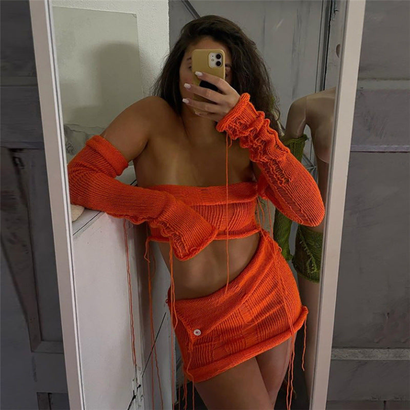 Women Spring Clothing Sexy Tube Top Exposed Cropped See through High Waist Tassel Irregular Asymmetric Skirt Set