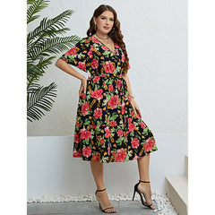 Popular Summer Rose V Neck Waist Controlled Slimming Dress