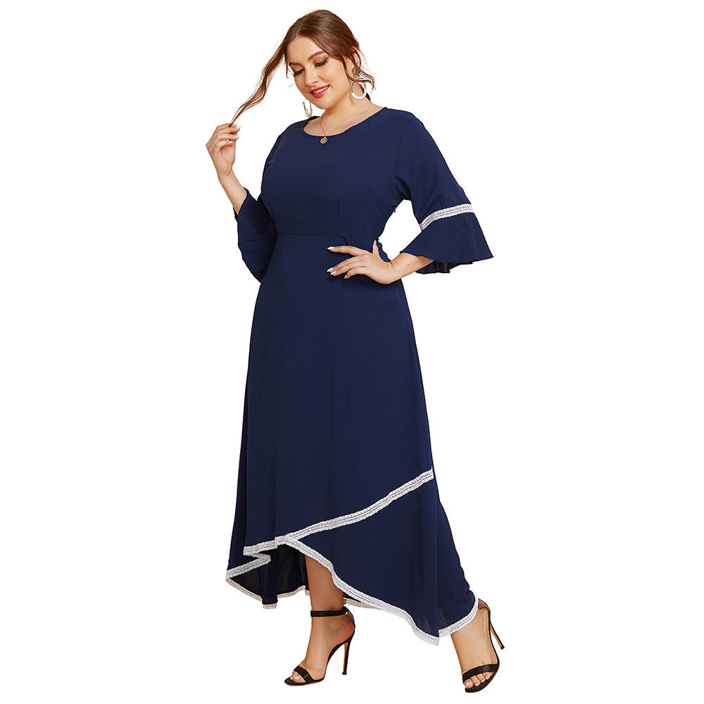 Plus Size Spring Autumn  Women Lace Patchwork round Neck Mid-Sleeve Dress Solid Color Loose