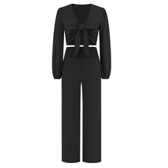 Women’s Lace Up High Waist Long Sleeve Top and Straight Leg Pants Suit