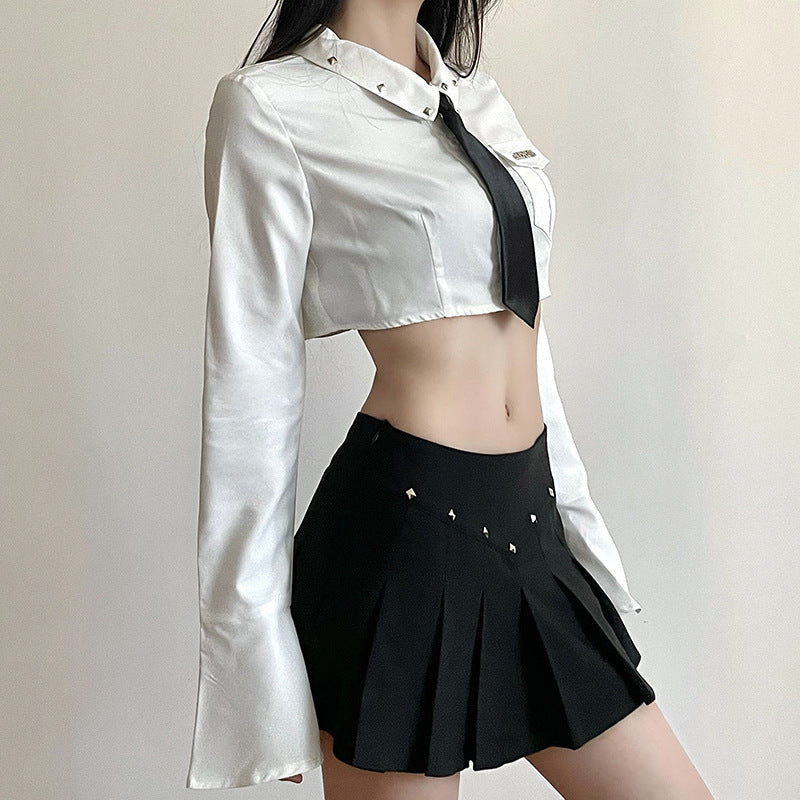 College Embroidered Tie Collared Bell Sleeve Shirt Sexy High Waist Slimming Pleated Skirt Two Piece Set