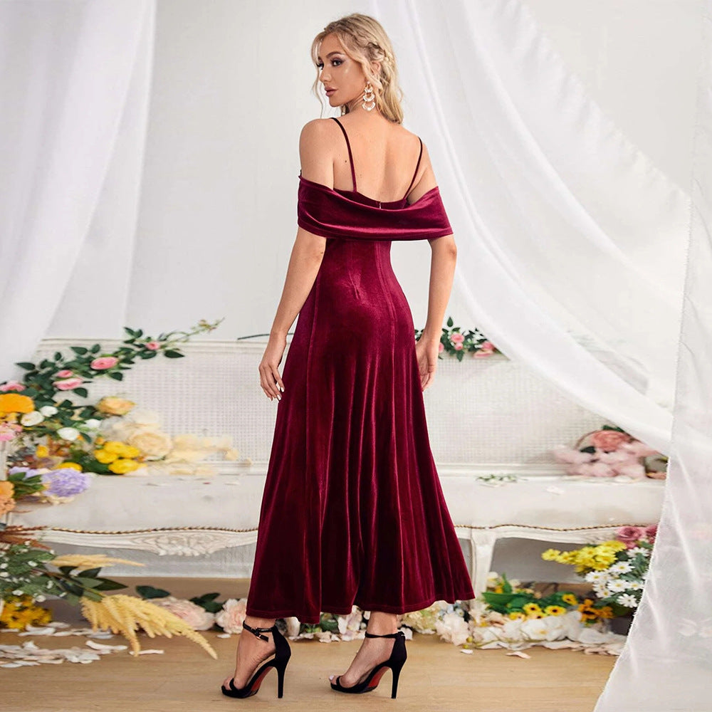 New Women Clothing Dinner Split Velvet Dress off Shoulder Spaghetti Straps Wild Dress