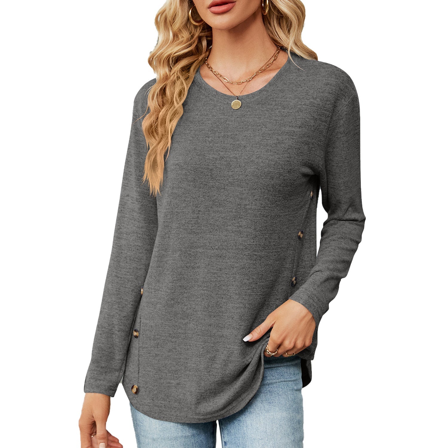 Women Clothing Autumn Winter round Neck Long Sleeve Loose Button T shirt Top Women