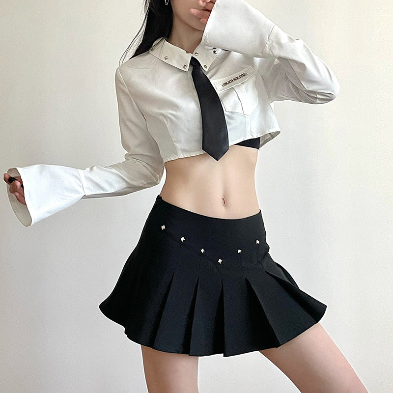 College Embroidered Tie Collared Bell Sleeve Shirt Sexy High Waist Slimming Pleated Skirt Two Piece Set