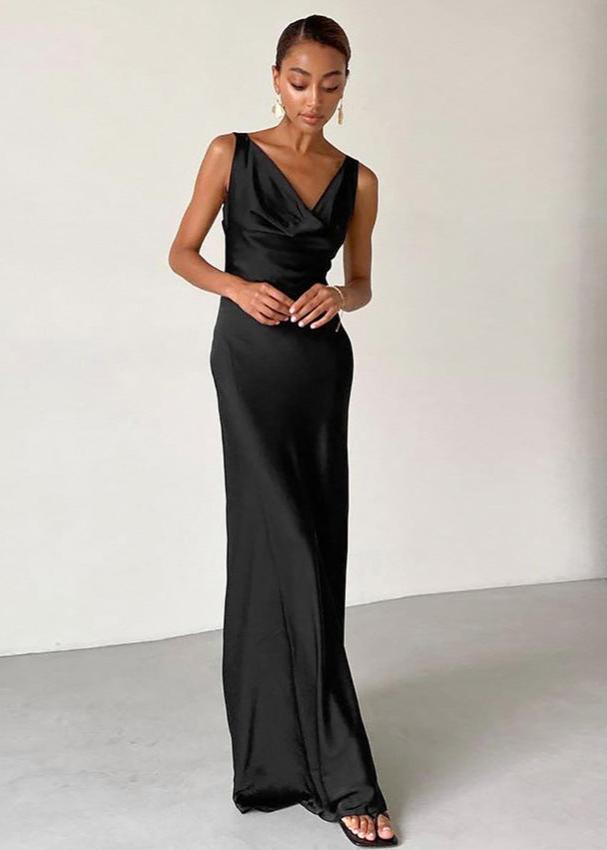 Satin Elegance - Deep V Maxi Dress